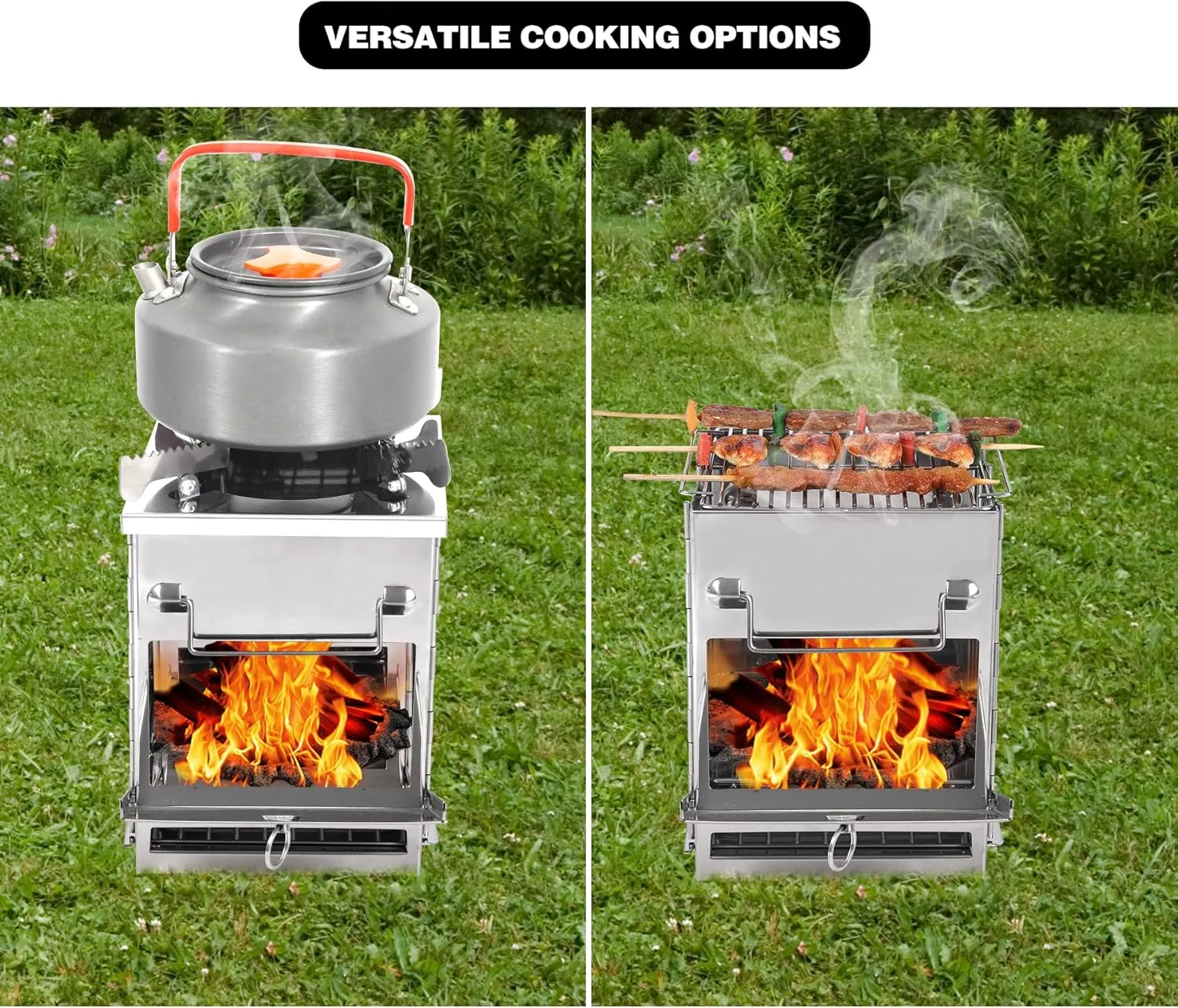 REDCAMP Wood Burning Folding Camp Stove Stainless Steel Grill and Pot Stand, Portable Collapsible Backpacking Stove Survival Rocket Stove for Hiking Outdoor Tent Camping Picnic, Largel with Pot Stand