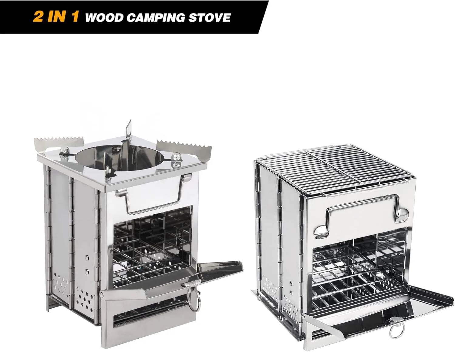 REDCAMP Wood Burning Folding Camp Stove Stainless Steel Grill and Pot Stand, Portable Collapsible Backpacking Stove Survival Rocket Stove for Hiking Outdoor Tent Camping Picnic, Largel with Pot Stand