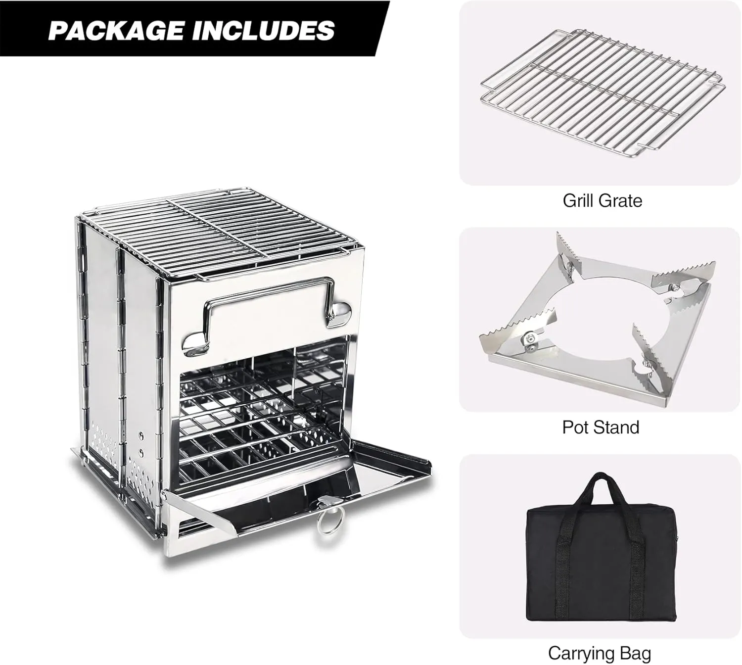 REDCAMP Wood Burning Folding Camp Stove Stainless Steel Grill and Pot Stand, Portable Collapsible Backpacking Stove Survival Rocket Stove for Hiking Outdoor Tent Camping Picnic, Largel with Pot Stand