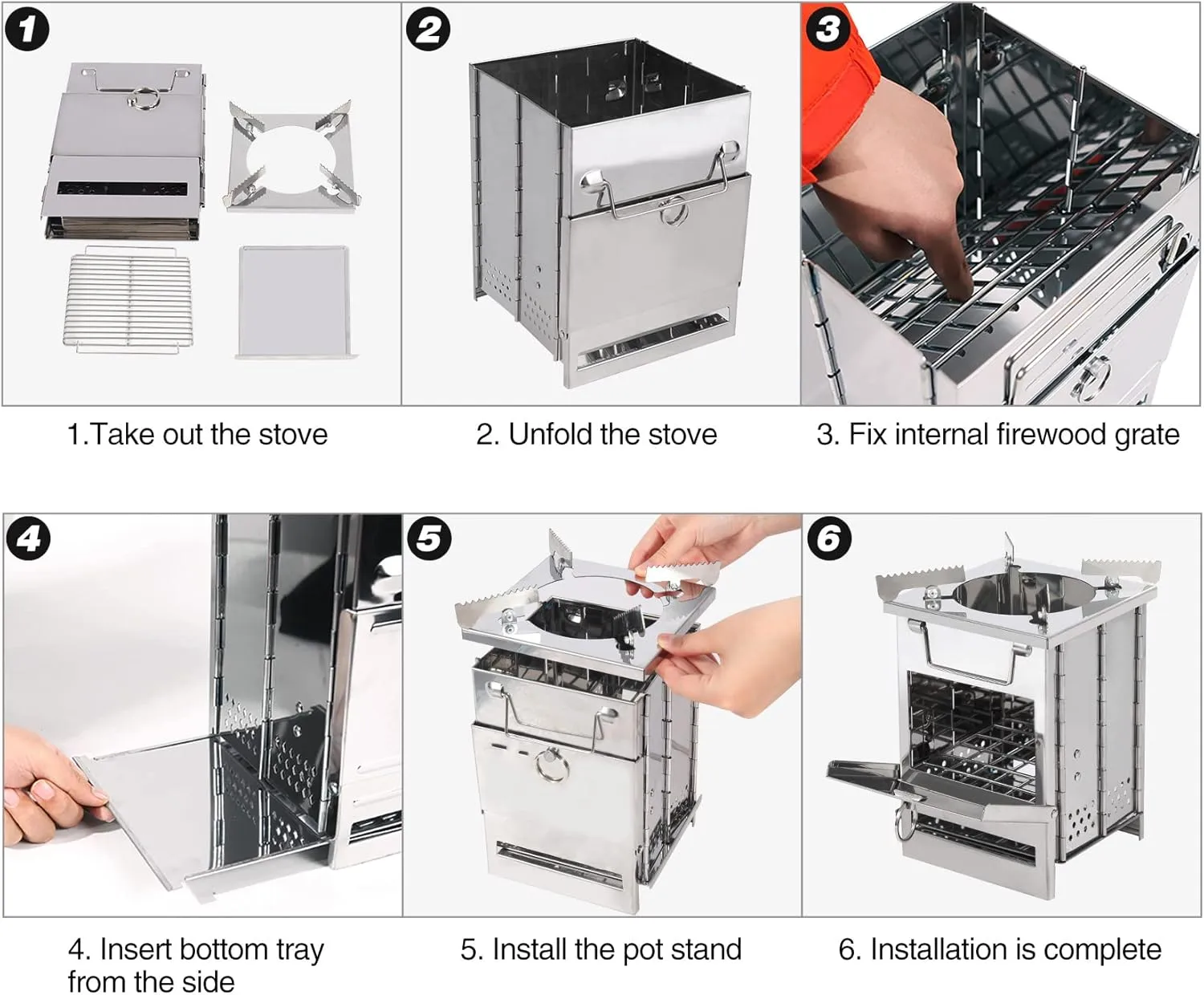 REDCAMP Wood Burning Folding Camp Stove Stainless Steel Grill and Pot Stand, Portable Collapsible Backpacking Stove Survival Rocket Stove for Hiking Outdoor Tent Camping Picnic, Largel with Pot Stand