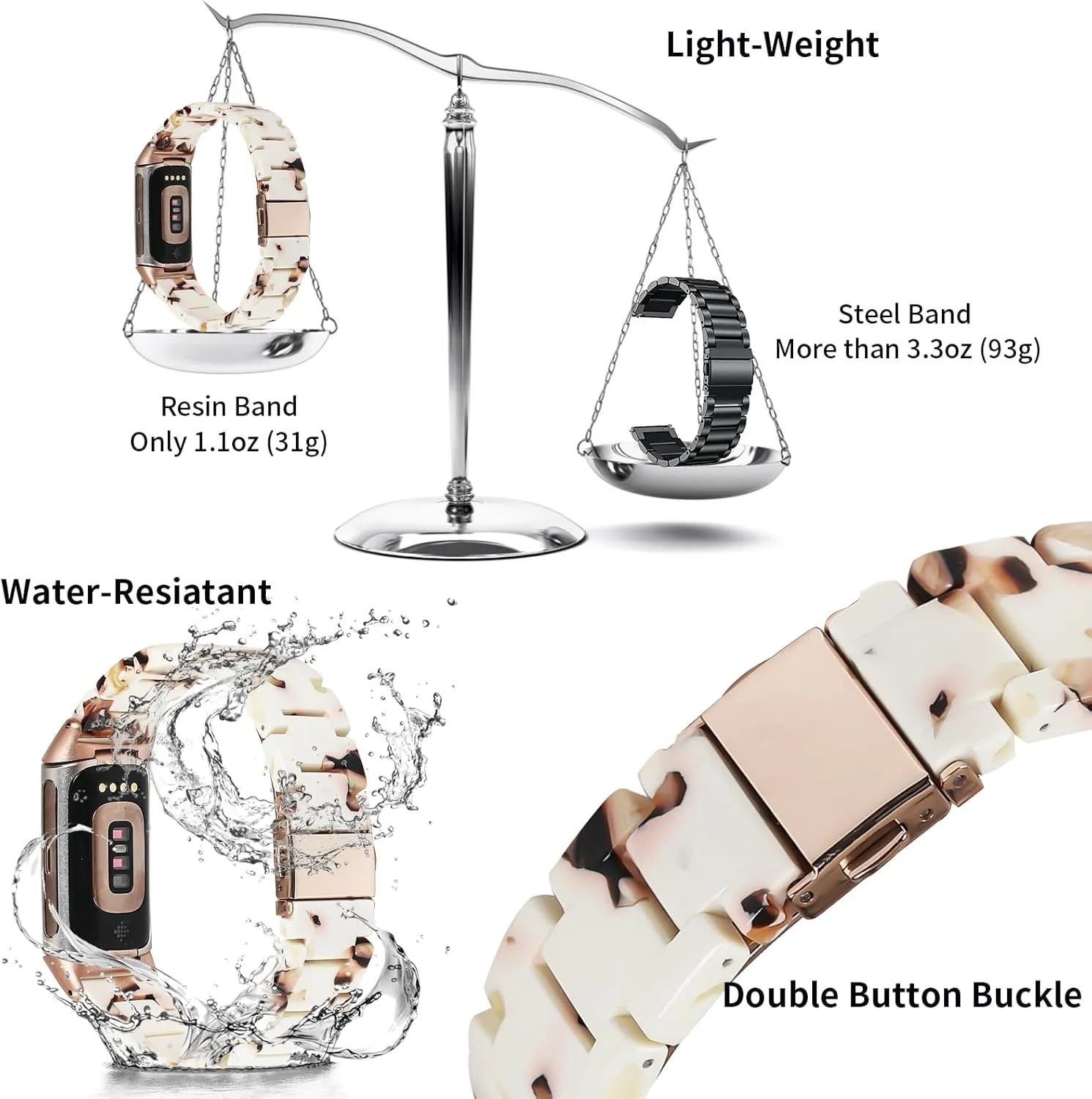 Resin Band Compatible with Fitbit Charge 6/ Fitbit Charge 5, Waterproof & Lightweight Bracelet Wristband Replacement with Stainless Steel Buckle, Fashion Strap for Fitness Tracker Women