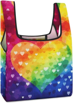 Reusable Shopping Bags,Colorful Rainbow Love Heart Print Foldable Grocery Bags,Folding Gift Tote Bags,Travel Recycle Shopping Bags