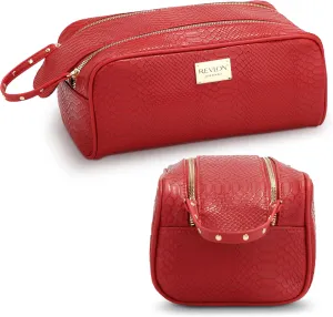 REVLON Croc Embossed Makeup Bag - Small Makeup Pouch, Travel Makeup Organizer with Two Zippers, Cosmetic Bag, Mini Makeup Case with Pockets - Gifts for Women, Ladies, or Teen Girls, Cherry Red