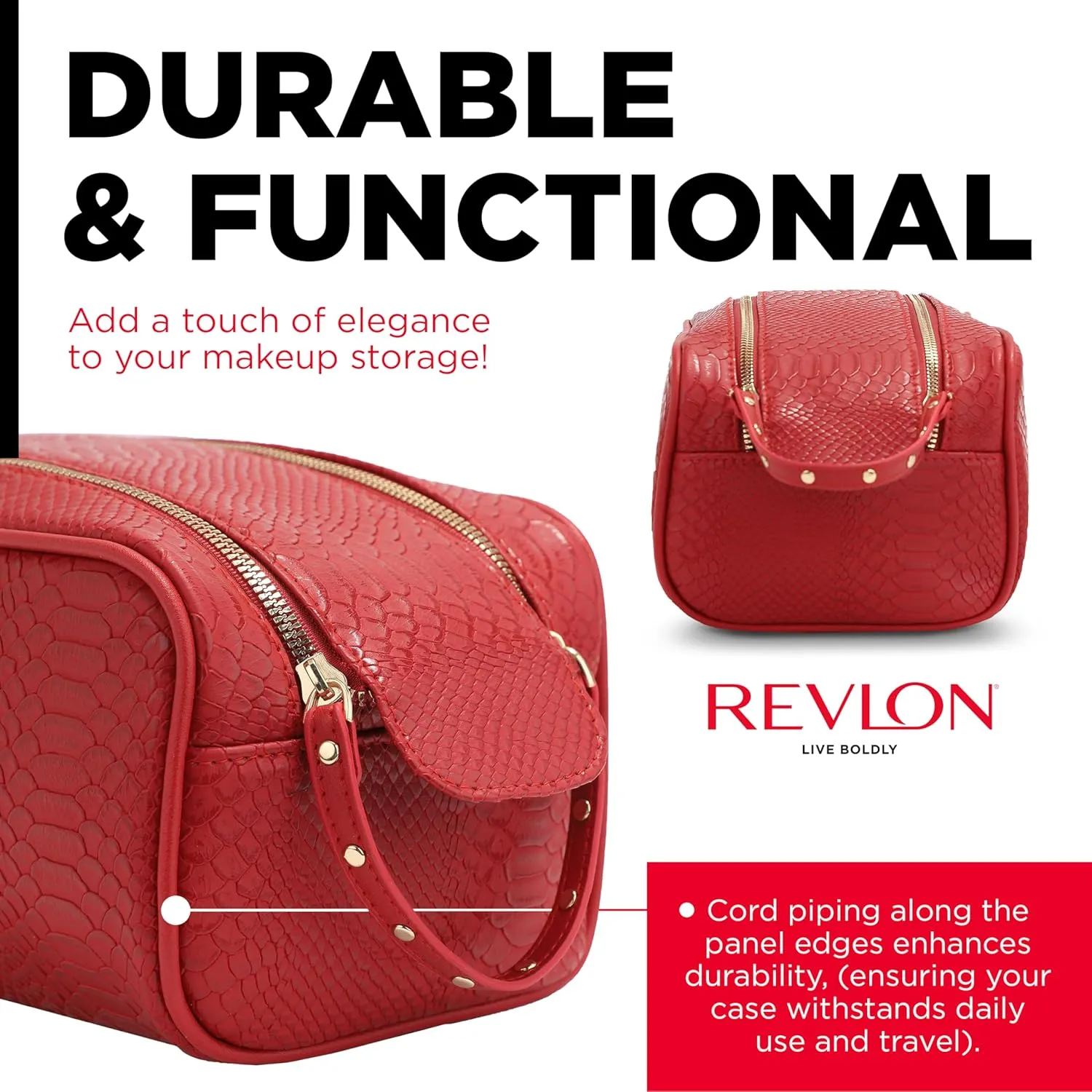 REVLON Croc Embossed Makeup Bag - Small Makeup Pouch, Travel Makeup Organizer with Two Zippers, Cosmetic Bag, Mini Makeup Case with Pockets - Gifts for Women, Ladies, or Teen Girls, Cherry Red