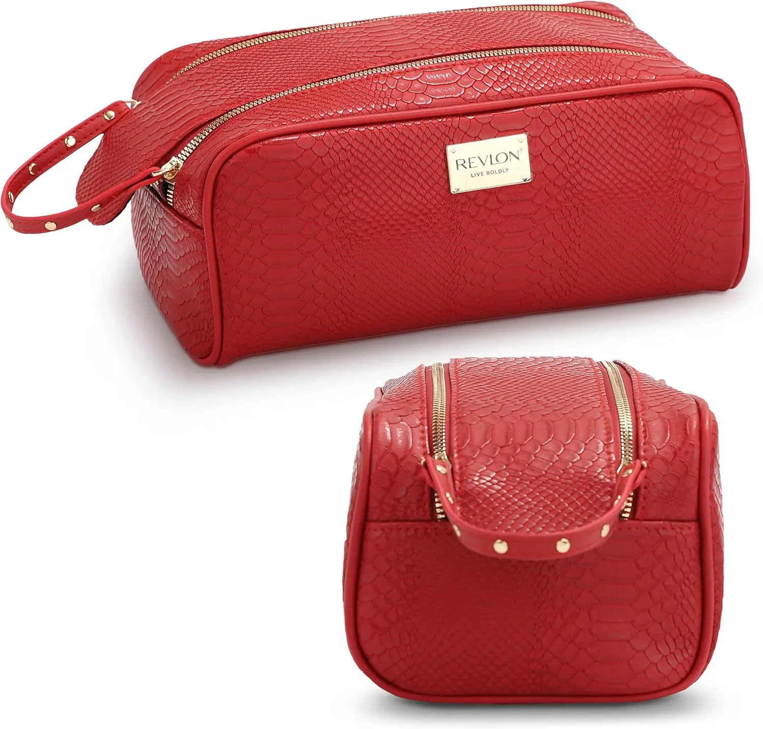 REVLON Croc Embossed Makeup Bag - Small Makeup Pouch, Travel Makeup Organizer with Two Zippers, Cosmetic Bag, Mini Makeup Case with Pockets - Gifts for Women, Ladies, or Teen Girls, Cherry Red
