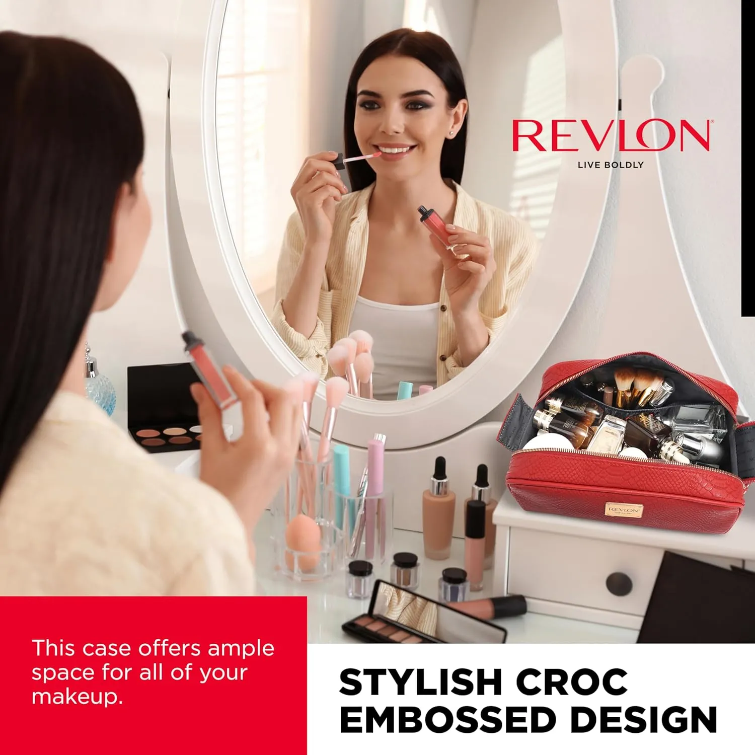 REVLON Croc Embossed Makeup Bag - Small Makeup Pouch, Travel Makeup Organizer with Two Zippers, Cosmetic Bag, Mini Makeup Case with Pockets - Gifts for Women, Ladies, or Teen Girls, Cherry Red