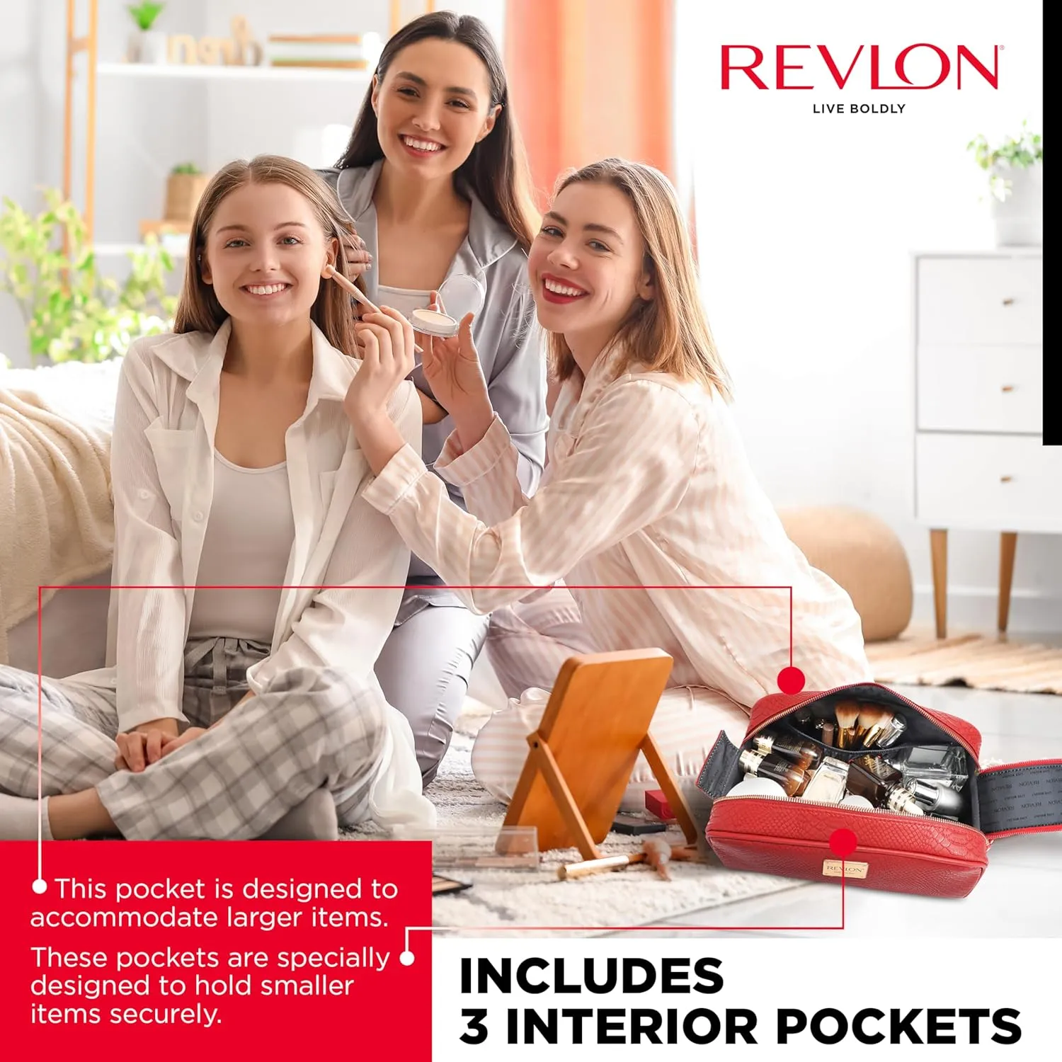 REVLON Croc Embossed Makeup Bag - Small Makeup Pouch, Travel Makeup Organizer with Two Zippers, Cosmetic Bag, Mini Makeup Case with Pockets - Gifts for Women, Ladies, or Teen Girls, Cherry Red