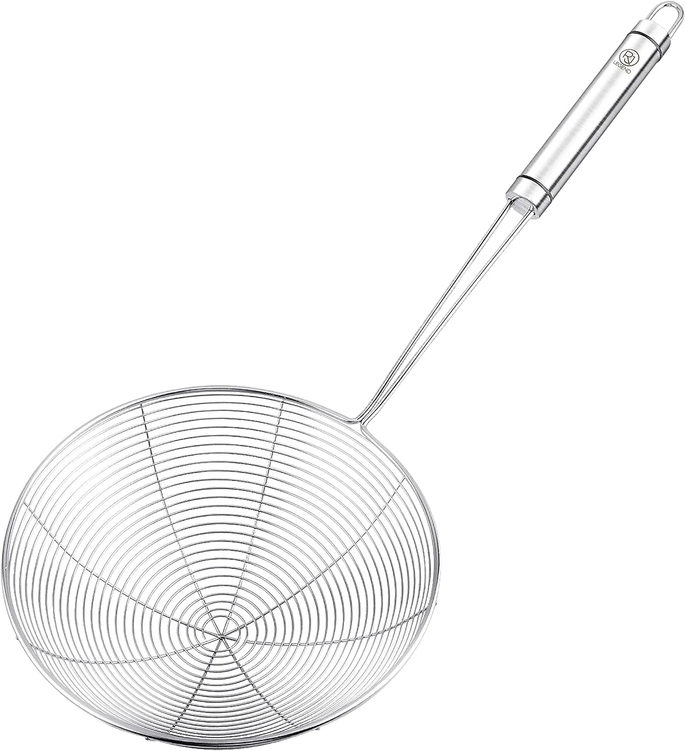 RJ Legend Stainless Steel Kitchen Accessory Utensils Set - Spider Wired Pasta & Noodle Spoon, Fine Mesh Strainer for Cooking, Anti-Grease Fry Away Ladle, Solidifier Pot, Fat Separator, 7 - Inches