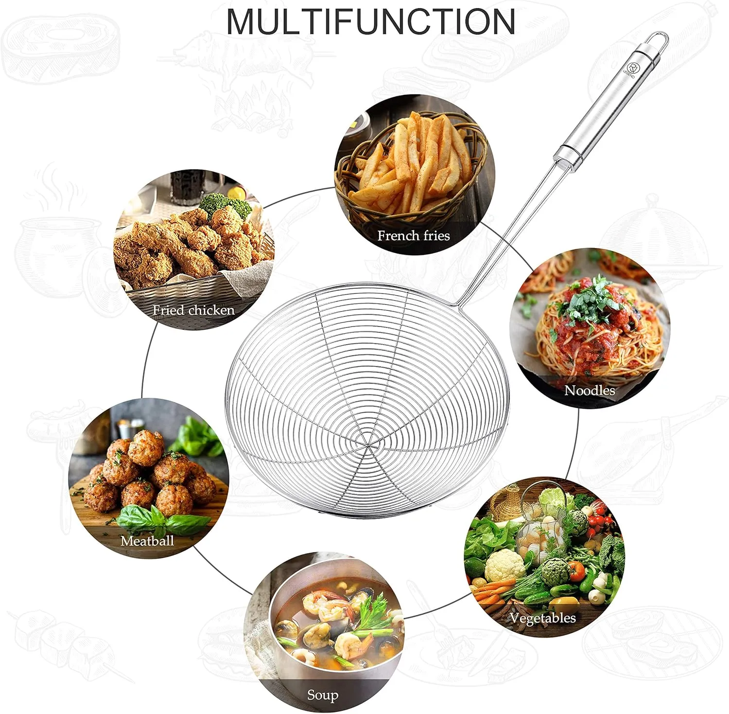 RJ Legend Stainless Steel Kitchen Accessory Utensils Set - Spider Wired Pasta & Noodle Spoon, Fine Mesh Strainer for Cooking, Anti-Grease Fry Away Ladle, Solidifier Pot, Fat Separator, 7 - Inches