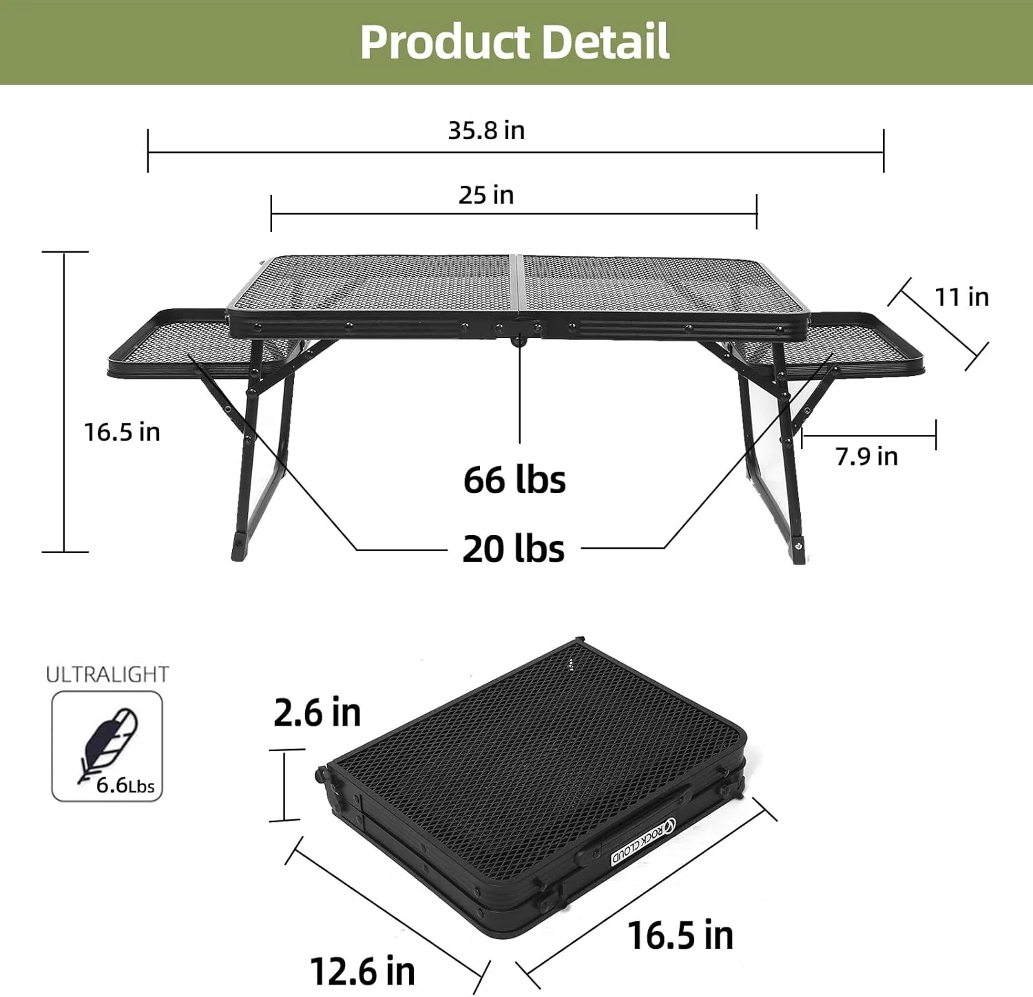 ROCK CLOUD Portable Camping Table with 2 Wing Panels Ultralight Metal Folding Table Small Camp Tables for Grill Beach Hiking Garden Outdoor Picnic RV BBQ