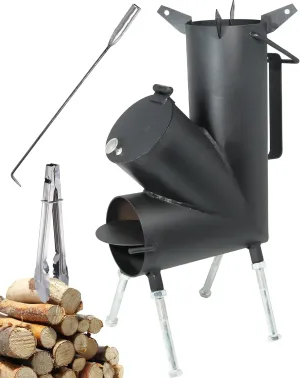 ROCKET STOVE is the perfect wood stove. A portable wood-burning camping stove with a fire poker. For camping gear & survival gear, backyard cooking. Camping grill, outdoor events.