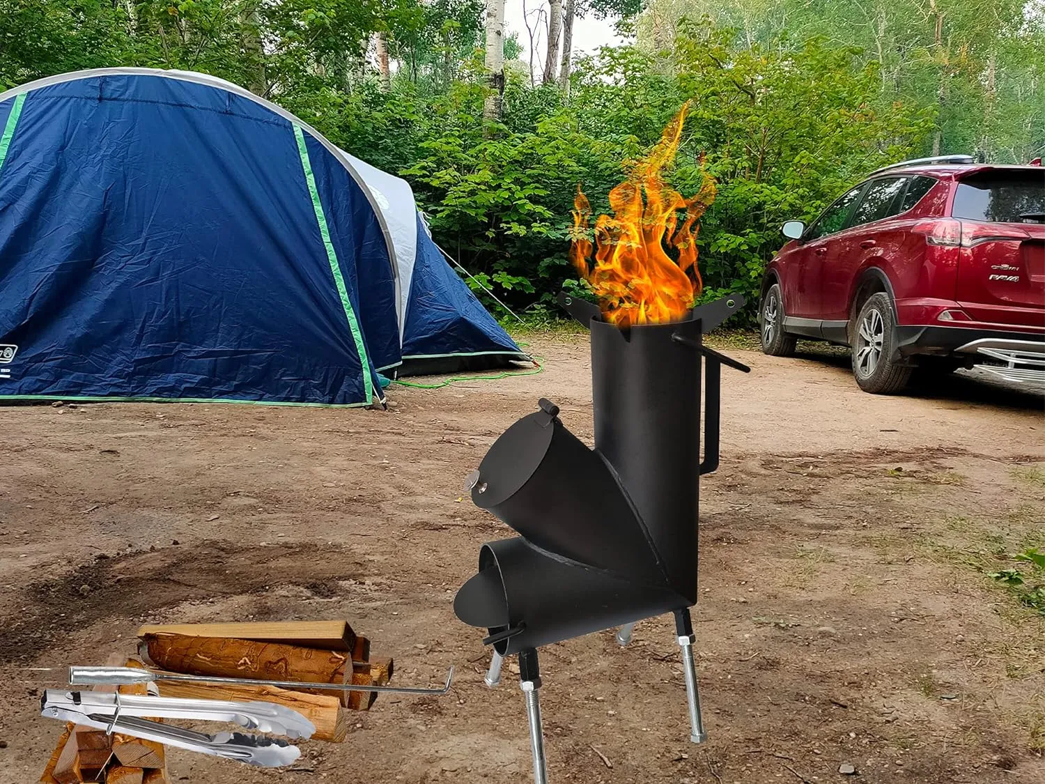 ROCKET STOVE is the perfect wood stove. A portable wood-burning camping stove with a fire poker. For camping gear & survival gear, backyard cooking. Camping grill, outdoor events.