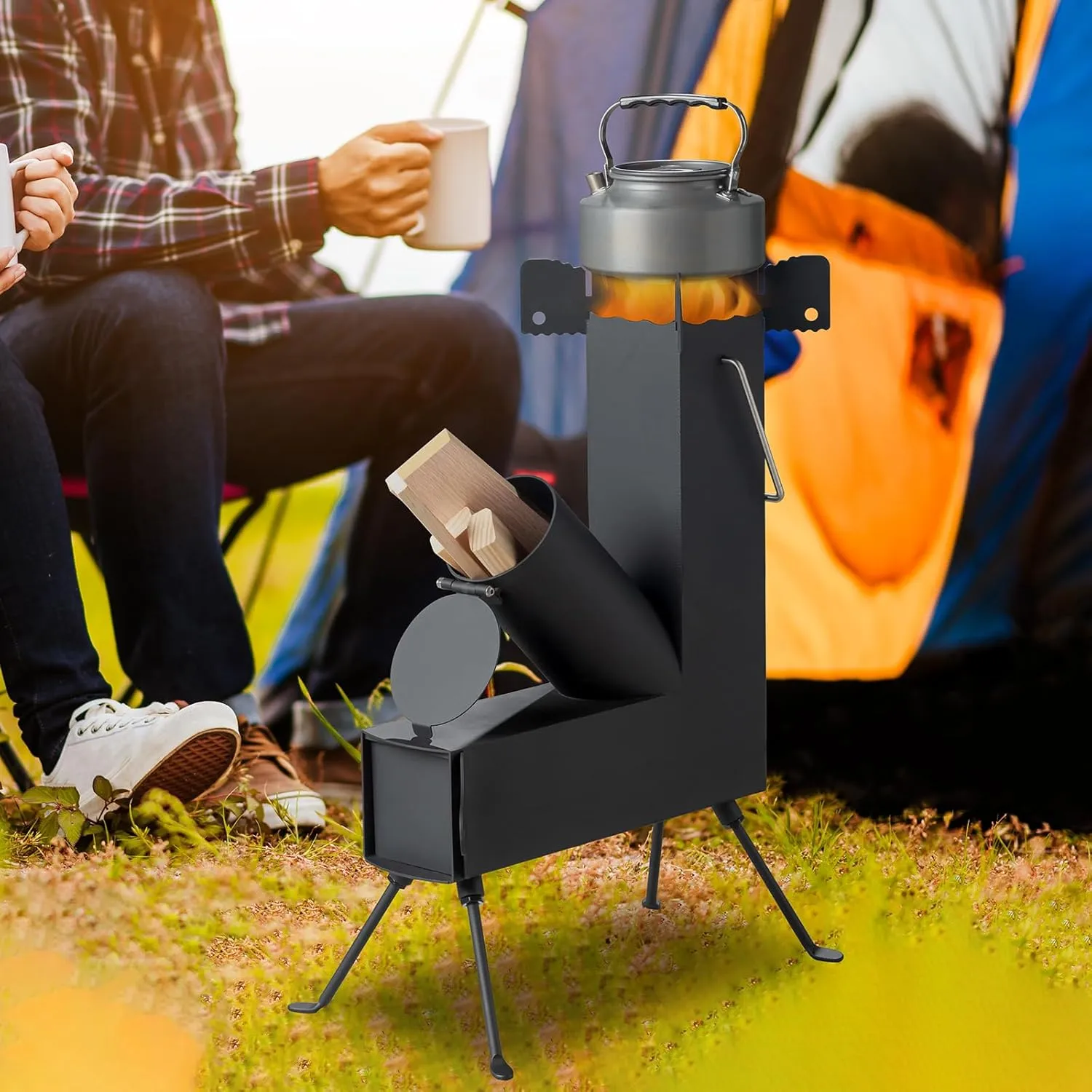 Rocket Stove with Pot Stand, Portable Camping Wood Stove with Carry Handle and Detachable Feet, Wood Burning Stove with Fire Pocker for Outdoor Heating, Cooking, Fishing, Hunting, Drying Clothes