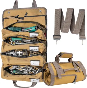 Roll Up Tool Bag Organizer, 7 Pockets Storage Pouch with 2 Detachable Zipper Pouch, Heavy Duty Portable Tool Carrier Bag for Men, Mechanic, Electrician & Hobbyist