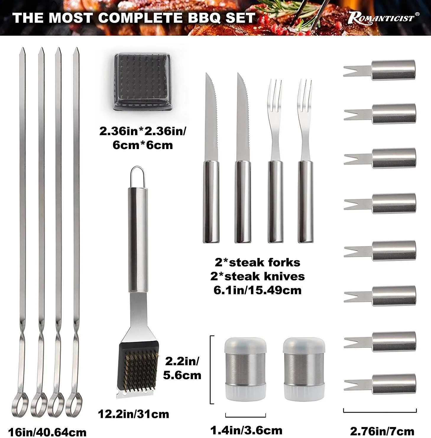 ROMANTICIST 28pc BBQ Accessories Set with Thermometer - The Very Best Grill Gift on Birthday Wedding - Heavy Duty Stainless Steel Grill Set in Case for Outdoor Cooking Camping Grilling Smoking