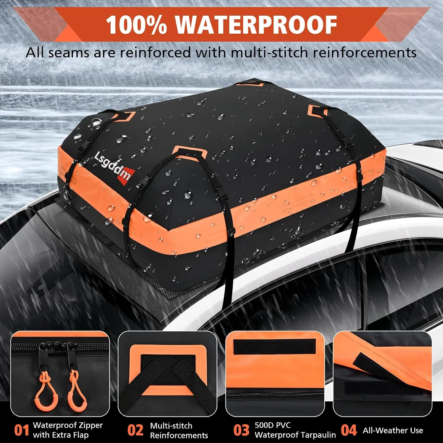 Roof Bag, Waterproof Soft Car Top Carrier Without Rack, 15 Cubic Feet Cargo Carrier for Top of All Vehicles with/Without Rack, Includes Anti-Slip Mat, 4 Door Hooks, Luggage Lock, Storage Bag