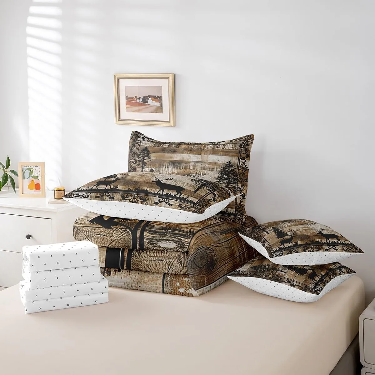 Rustic Reindeer King Comforter Set 7 Pieces,Bed in a Bag King,Pine Trees Moose Retro Cabin Bedding Set with Woodland Wildlife Deer Hunting Comforter,Flat Sheet,Fitted Sheet,Pillowcases,Pillow Shams