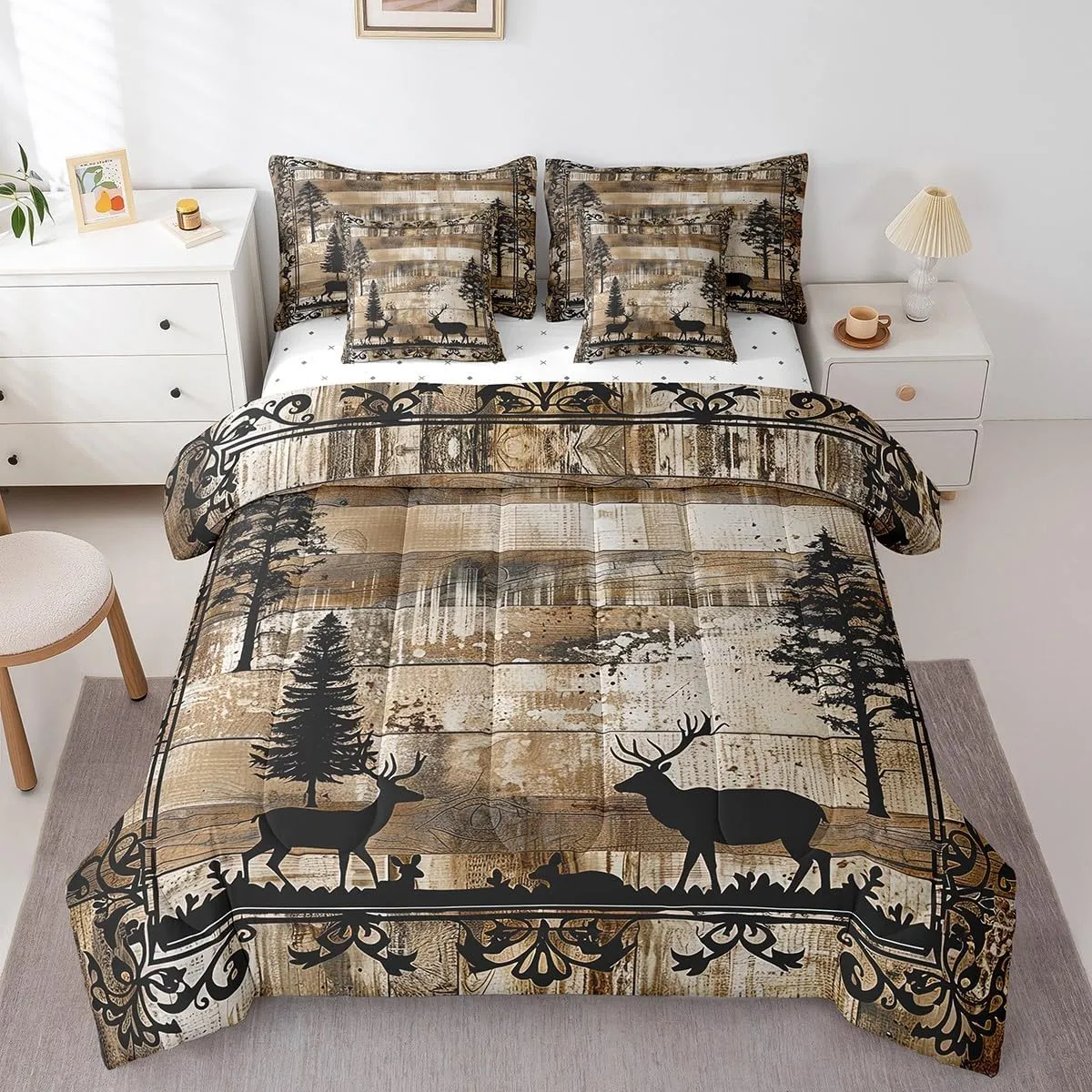 Rustic Reindeer King Comforter Set 7 Pieces,Bed in a Bag King,Pine Trees Moose Retro Cabin Bedding Set with Woodland Wildlife Deer Hunting Comforter,Flat Sheet,Fitted Sheet,Pillowcases,Pillow Shams