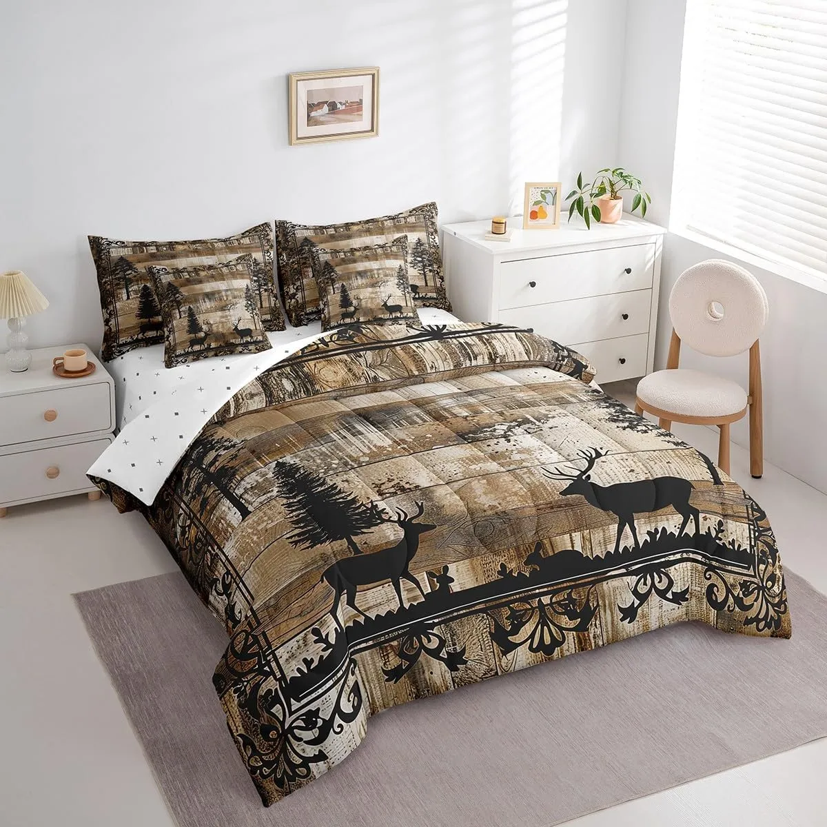 Rustic Reindeer King Comforter Set 7 Pieces,Bed in a Bag King,Pine Trees Moose Retro Cabin Bedding Set with Woodland Wildlife Deer Hunting Comforter,Flat Sheet,Fitted Sheet,Pillowcases,Pillow Shams