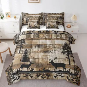 Rustic Reindeer King Comforter Set 7 Pieces,Bed in a Bag King,Pine Trees Moose Retro Cabin Bedding Set with Woodland Wildlife Deer Hunting Comforter,Flat Sheet,Fitted Sheet,Pillowcases,Pillow Shams