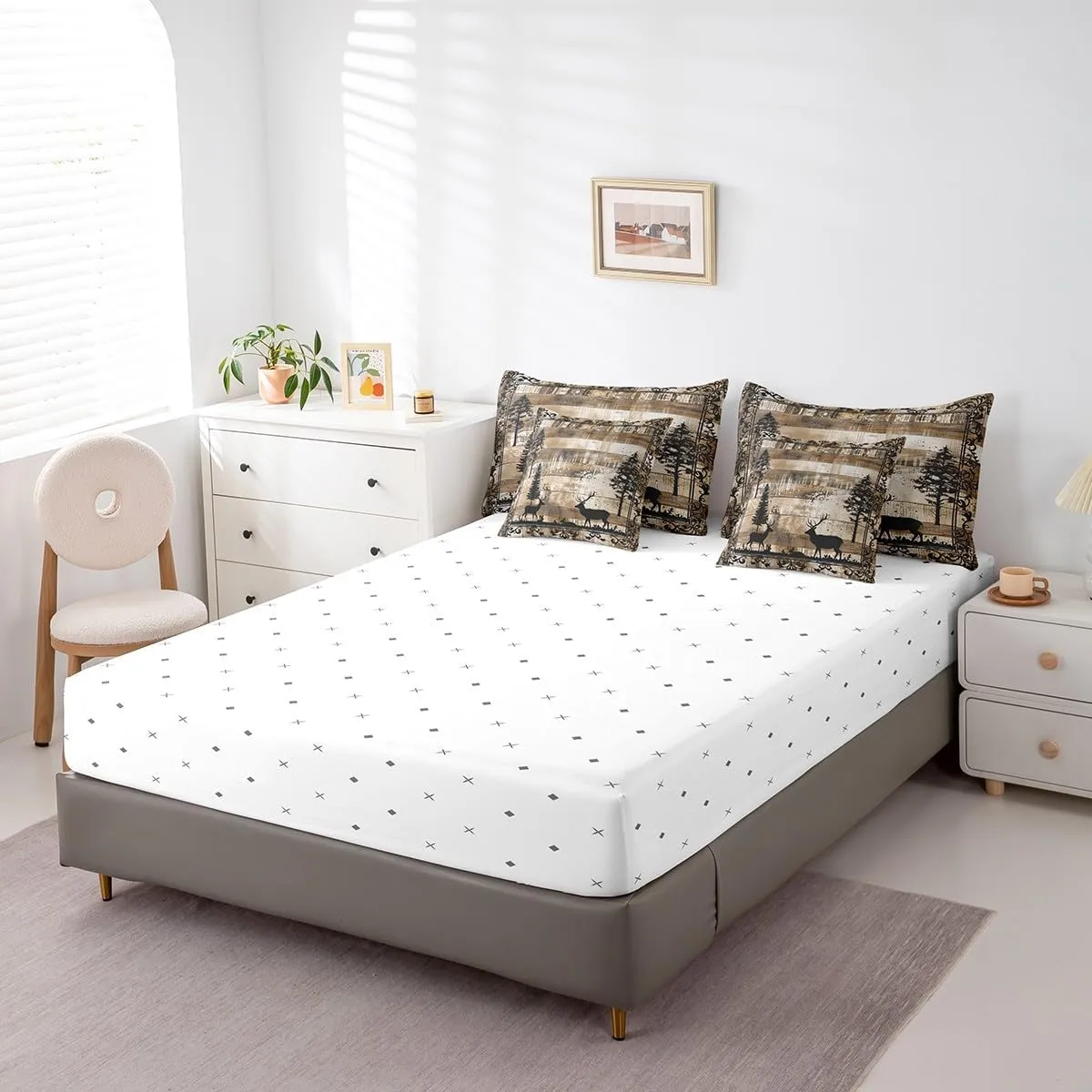 Rustic Reindeer King Comforter Set 7 Pieces,Bed in a Bag King,Pine Trees Moose Retro Cabin Bedding Set with Woodland Wildlife Deer Hunting Comforter,Flat Sheet,Fitted Sheet,Pillowcases,Pillow Shams
