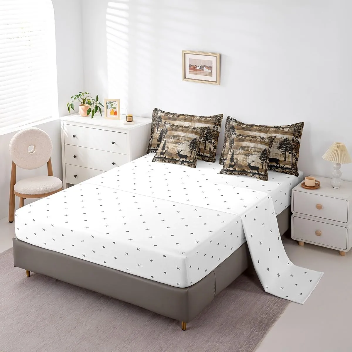Rustic Reindeer King Comforter Set 7 Pieces,Bed in a Bag King,Pine Trees Moose Retro Cabin Bedding Set with Woodland Wildlife Deer Hunting Comforter,Flat Sheet,Fitted Sheet,Pillowcases,Pillow Shams