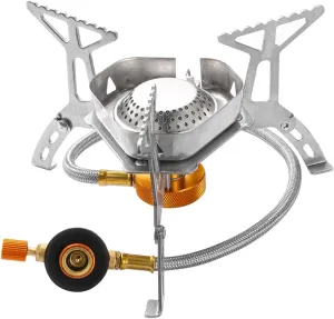 SaferCCTV 3000W Windproof Camping Stove Backpacking Stove Mini Portable Outdoor Gas Split Burner, Butane Stove for Camping Hiking Cooking, with Stove Adapter, Plastic Storage Box