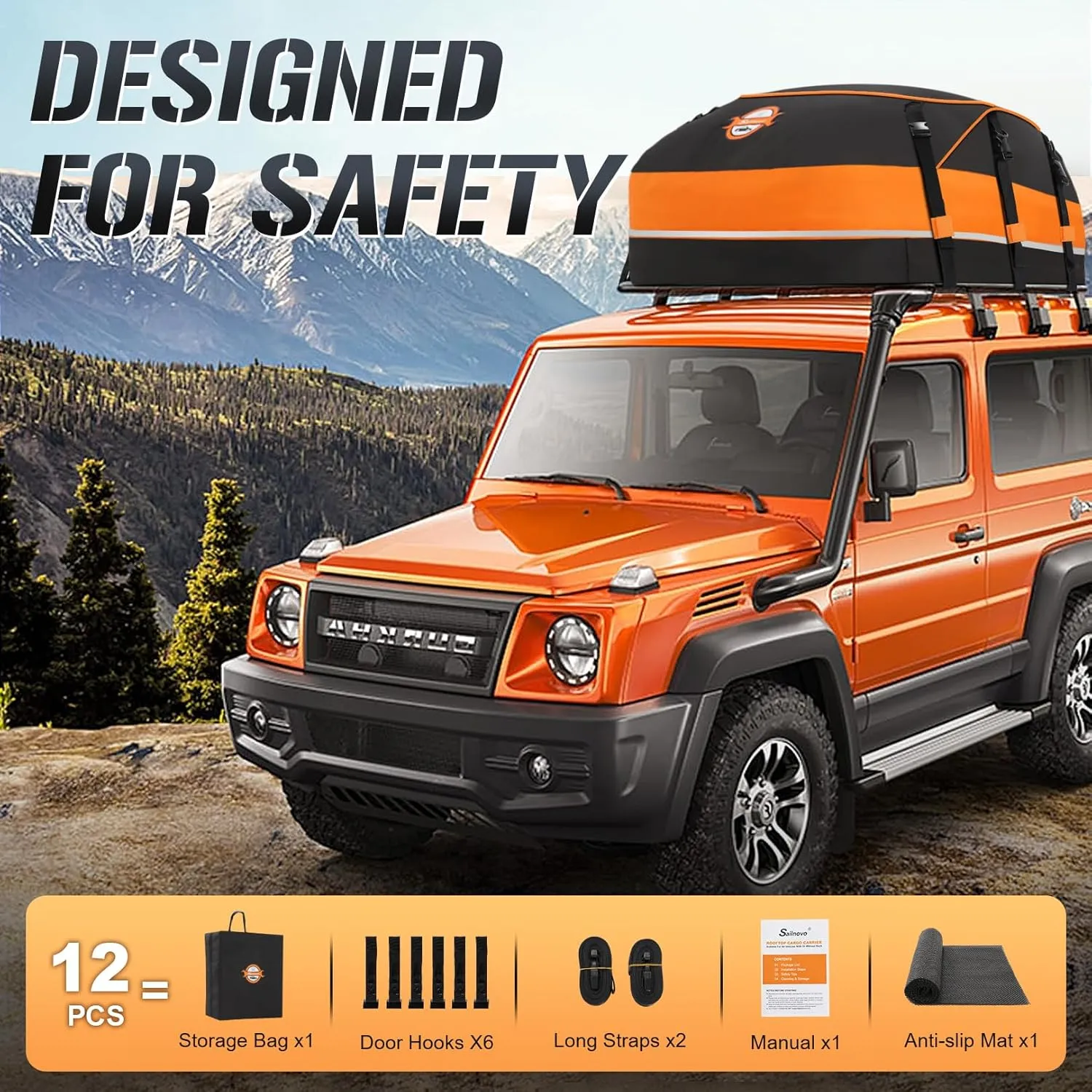 Sailnovo Car Rooftop Cargo Carrier Roof Bag, 20 Cubic Feet Waterproof Car Rooftop Cargo Carrier Bag Fit Car with Without Roof Rack - Car Top Carrier with Tie-Down Strap, Safety Hook