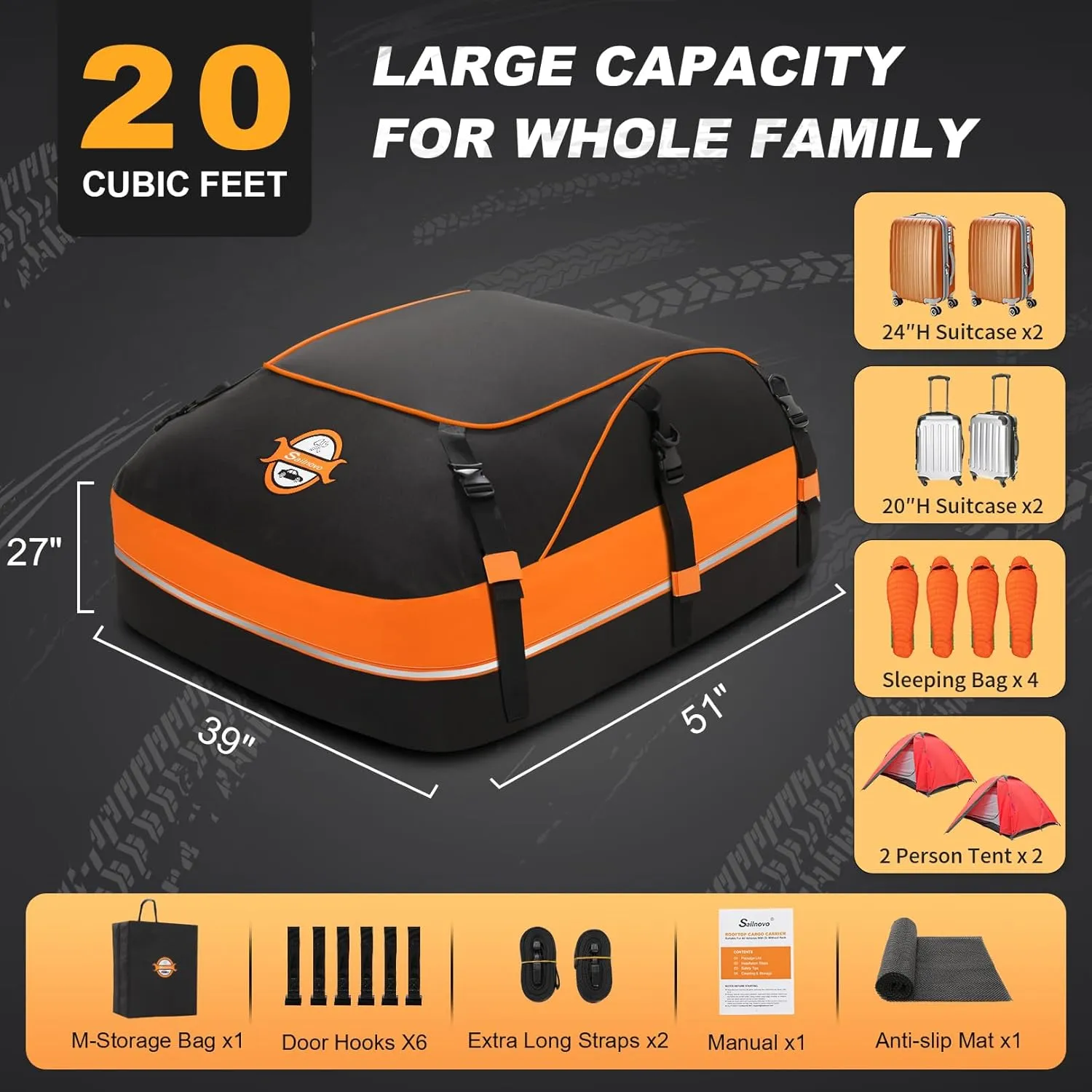Sailnovo Car Rooftop Cargo Carrier Roof Bag, 20 Cubic Feet Waterproof Car Rooftop Cargo Carrier Bag Fit Car with Without Roof Rack - Car Top Carrier with Tie-Down Strap, Safety Hook