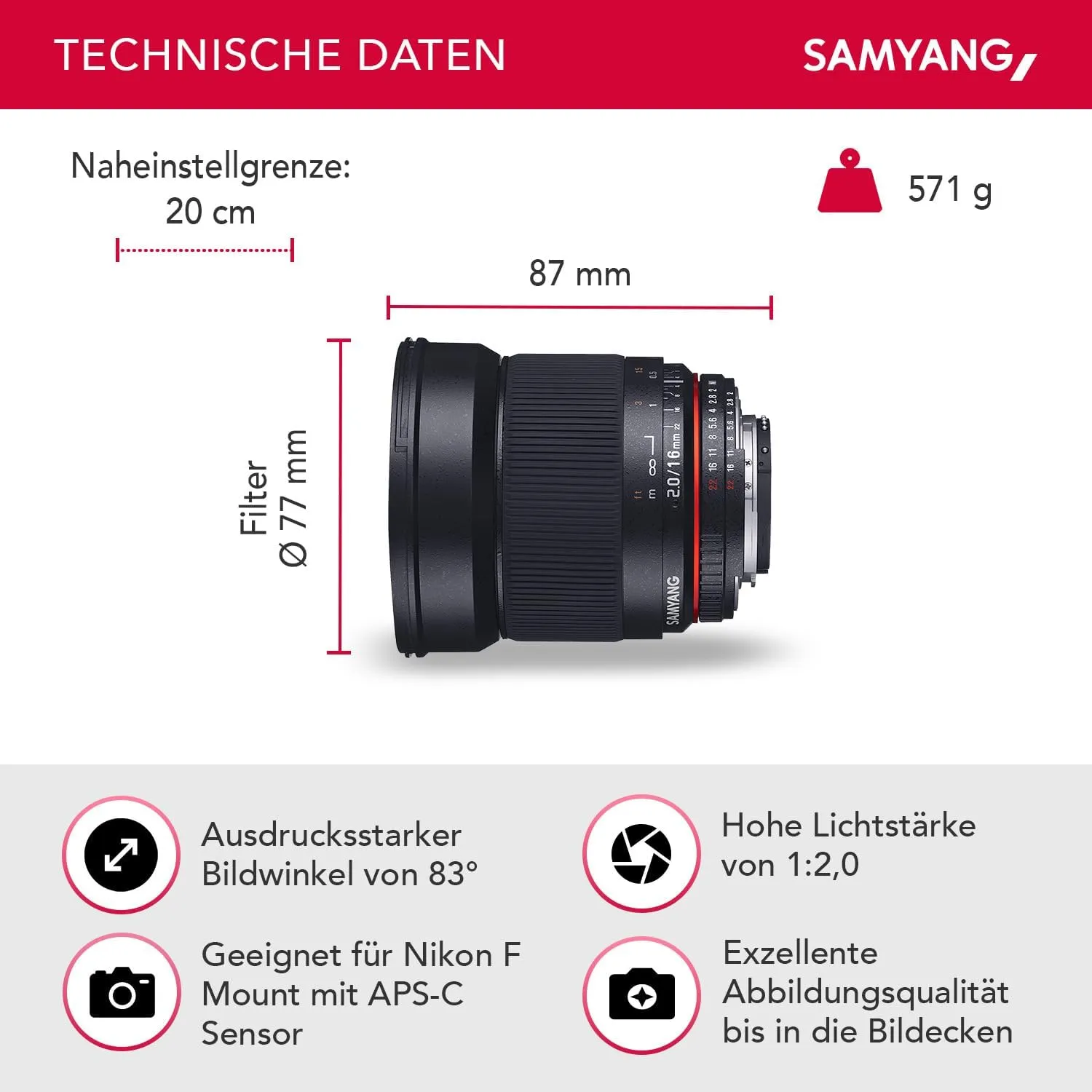 Samyang 16mm/F 2.0 ED AS UMC CS Lenses