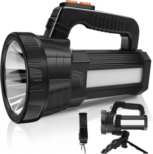 Samyoung Rechargeable Spotlight with 6 Lights Modes, 10000 Lumen Super Bright LED Flashlight, IP65 Waterproof Handheld Spotlight 10000mAh Long Lasting Large Flashlight Searchlight and Flood Camping