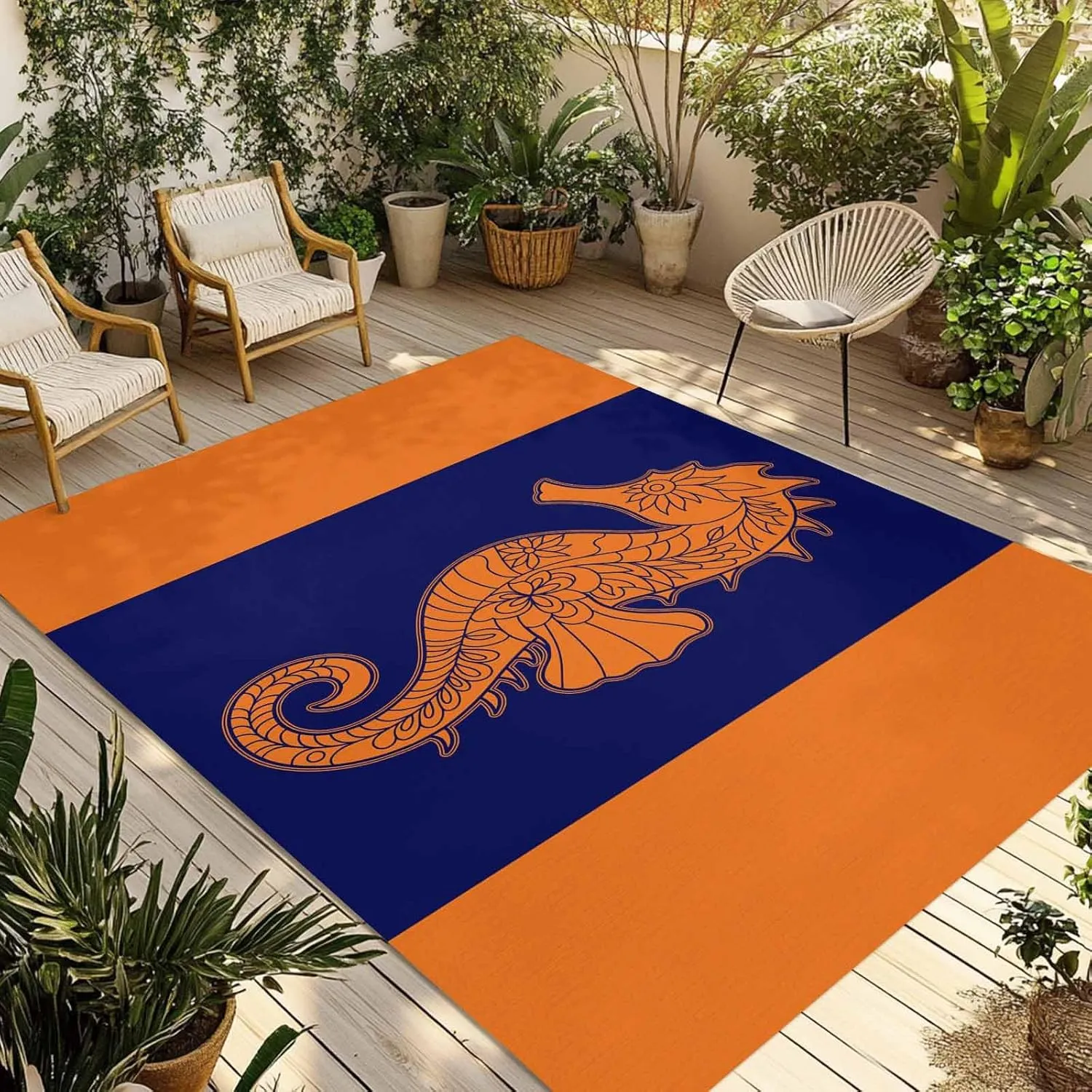Seahorse Mandalas Outdoor Rug 4x6ft Large Patio Rug,Washable RV Camping Outside Area Runner Rug Mat,Boho Modern Orange Navy Blue Stripe Carpet for Picnic Backyard Deck Porch Balcony Beach & Indoor