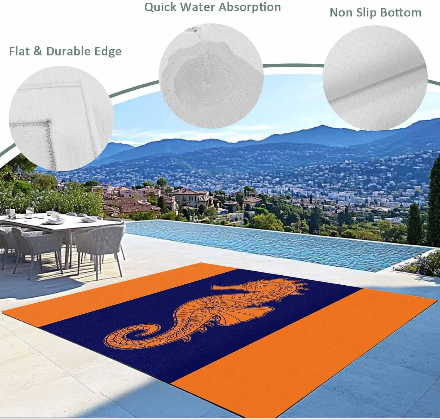 Seahorse Mandalas Outdoor Rug 4x6ft Large Patio Rug,Washable RV Camping Outside Area Runner Rug Mat,Boho Modern Orange Navy Blue Stripe Carpet for Picnic Backyard Deck Porch Balcony Beach & Indoor