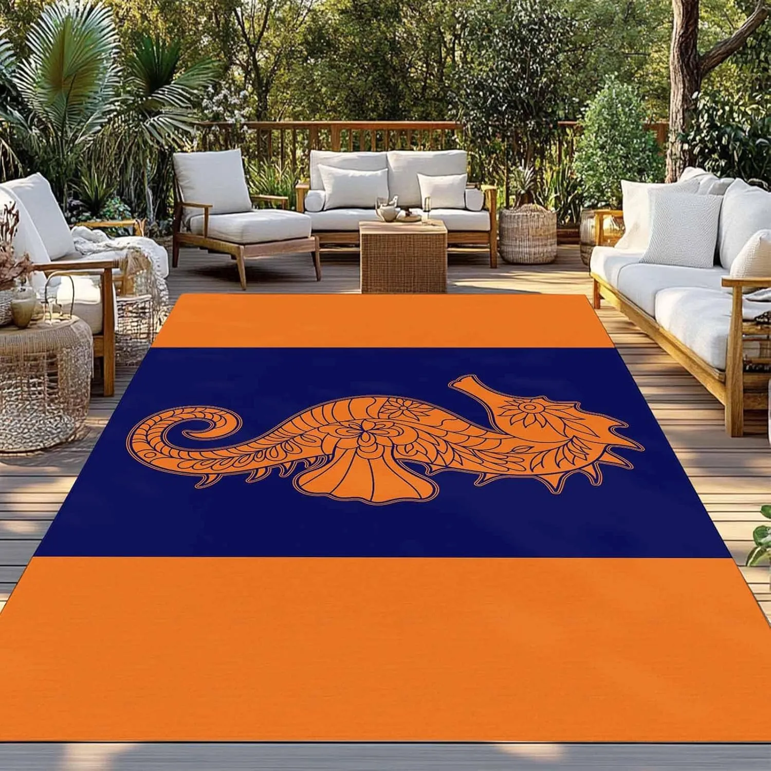 Seahorse Mandalas Outdoor Rug 4x6ft Large Patio Rug,Washable RV Camping Outside Area Runner Rug Mat,Boho Modern Orange Navy Blue Stripe Carpet for Picnic Backyard Deck Porch Balcony Beach & Indoor