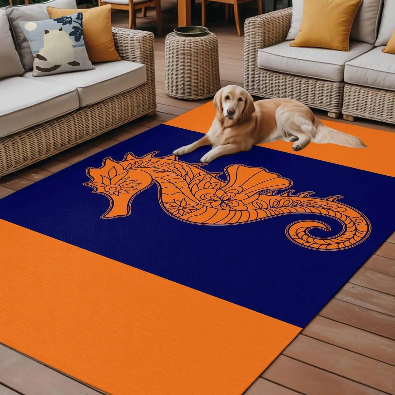 Seahorse Mandalas Outdoor Rug 4x6ft Large Patio Rug,Washable RV Camping Outside Area Runner Rug Mat,Boho Modern Orange Navy Blue Stripe Carpet for Picnic Backyard Deck Porch Balcony Beach & Indoor