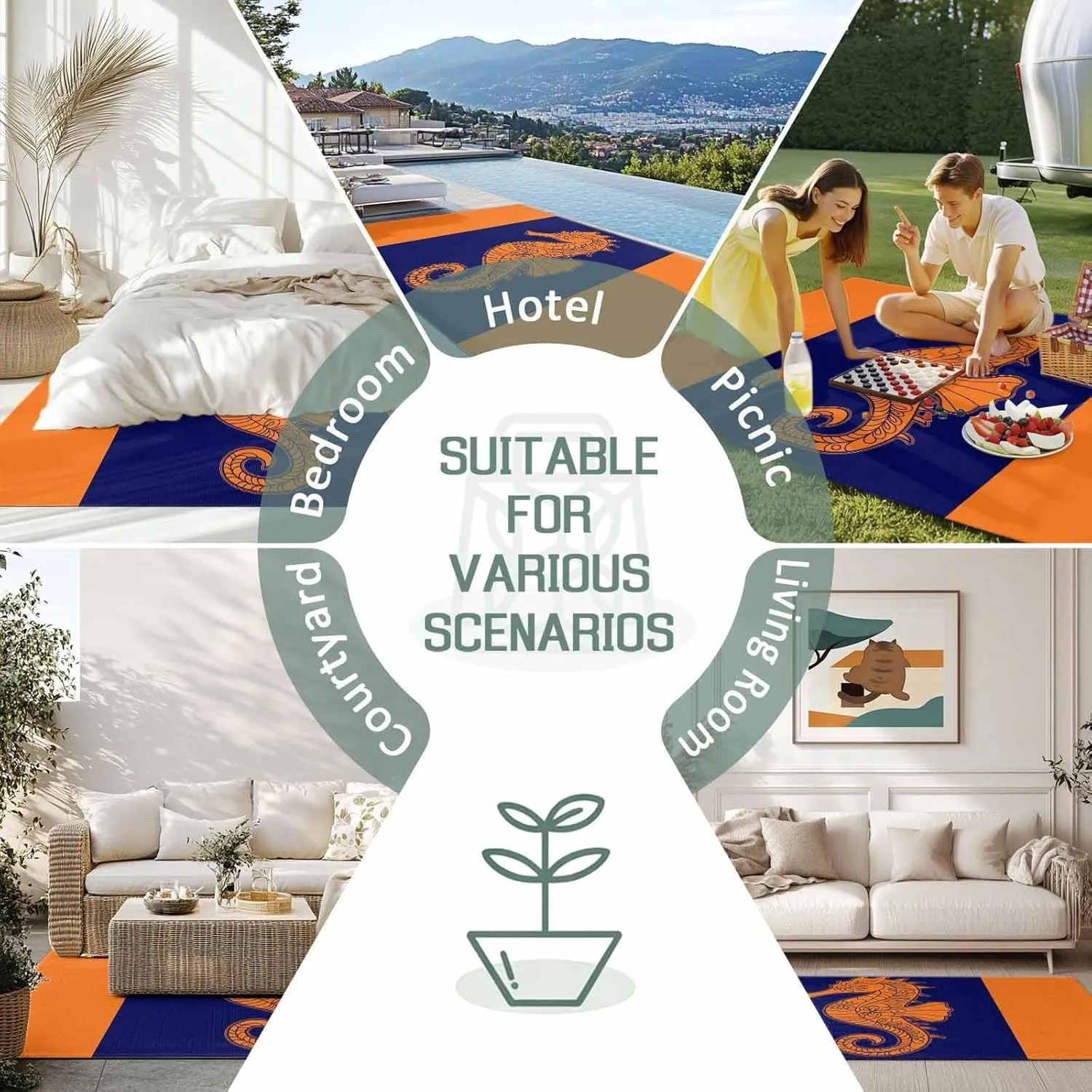 Seahorse Mandalas Outdoor Rug 4x6ft Large Patio Rug,Washable RV Camping Outside Area Runner Rug Mat,Boho Modern Orange Navy Blue Stripe Carpet for Picnic Backyard Deck Porch Balcony Beach & Indoor