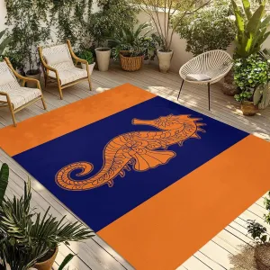 Seahorse Mandalas Outdoor Rug 4x6ft Large Patio Rug,Washable RV Camping Outside Area Runner Rug Mat,Boho Modern Orange Navy Blue Stripe Carpet for Picnic Backyard Deck Porch Balcony Beach & Indoor