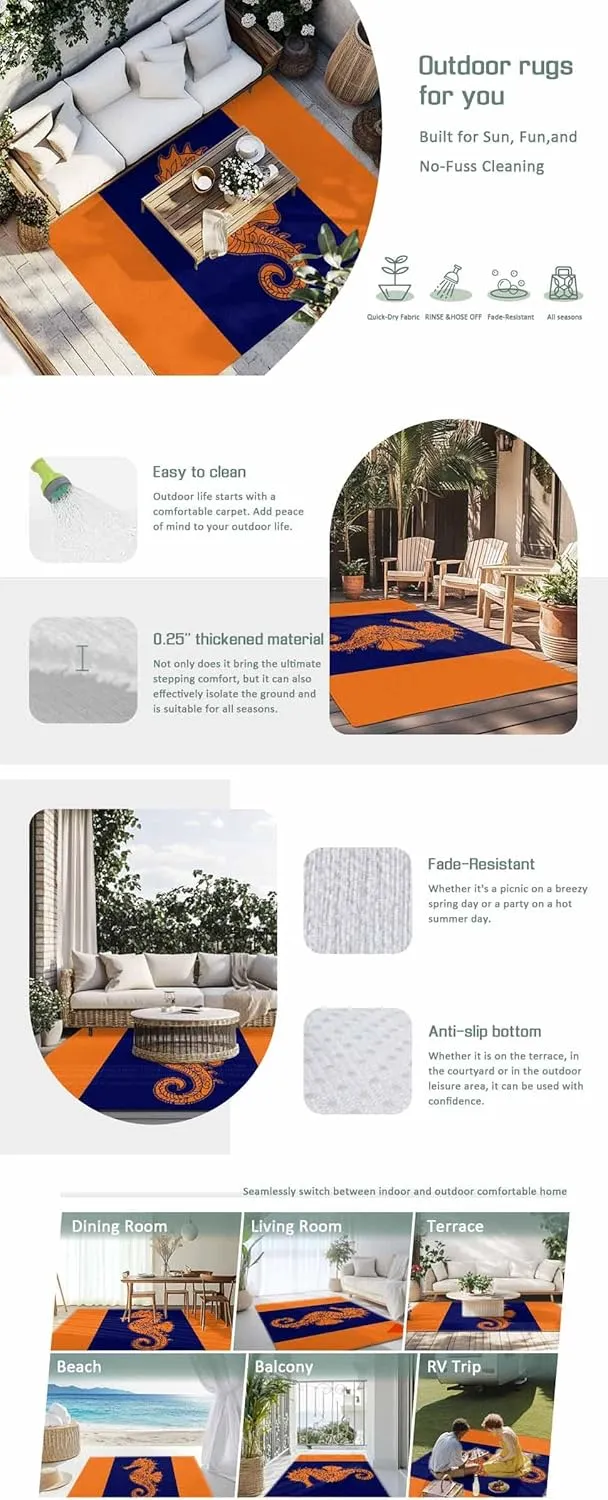 Seahorse Mandalas Outdoor Rug 4x6ft Large Patio Rug,Washable RV Camping Outside Area Runner Rug Mat,Boho Modern Orange Navy Blue Stripe Carpet for Picnic Backyard Deck Porch Balcony Beach & Indoor