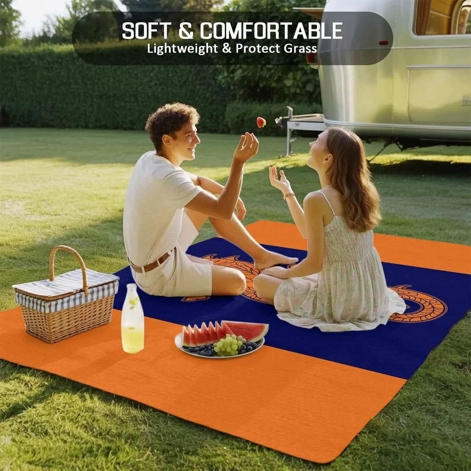 Seahorse Mandalas Outdoor Rug 4x6ft Large Patio Rug,Washable RV Camping Outside Area Runner Rug Mat,Boho Modern Orange Navy Blue Stripe Carpet for Picnic Backyard Deck Porch Balcony Beach & Indoor