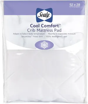 Sealy Baby Cool Comfort Fitted Waterproof Infant Cooling Crib Mattress Protector Pad and Toddler Bed Cover, Durable and Comfortable Topper, Machine Washable and Dryer Friendly, 52” x 28”- White