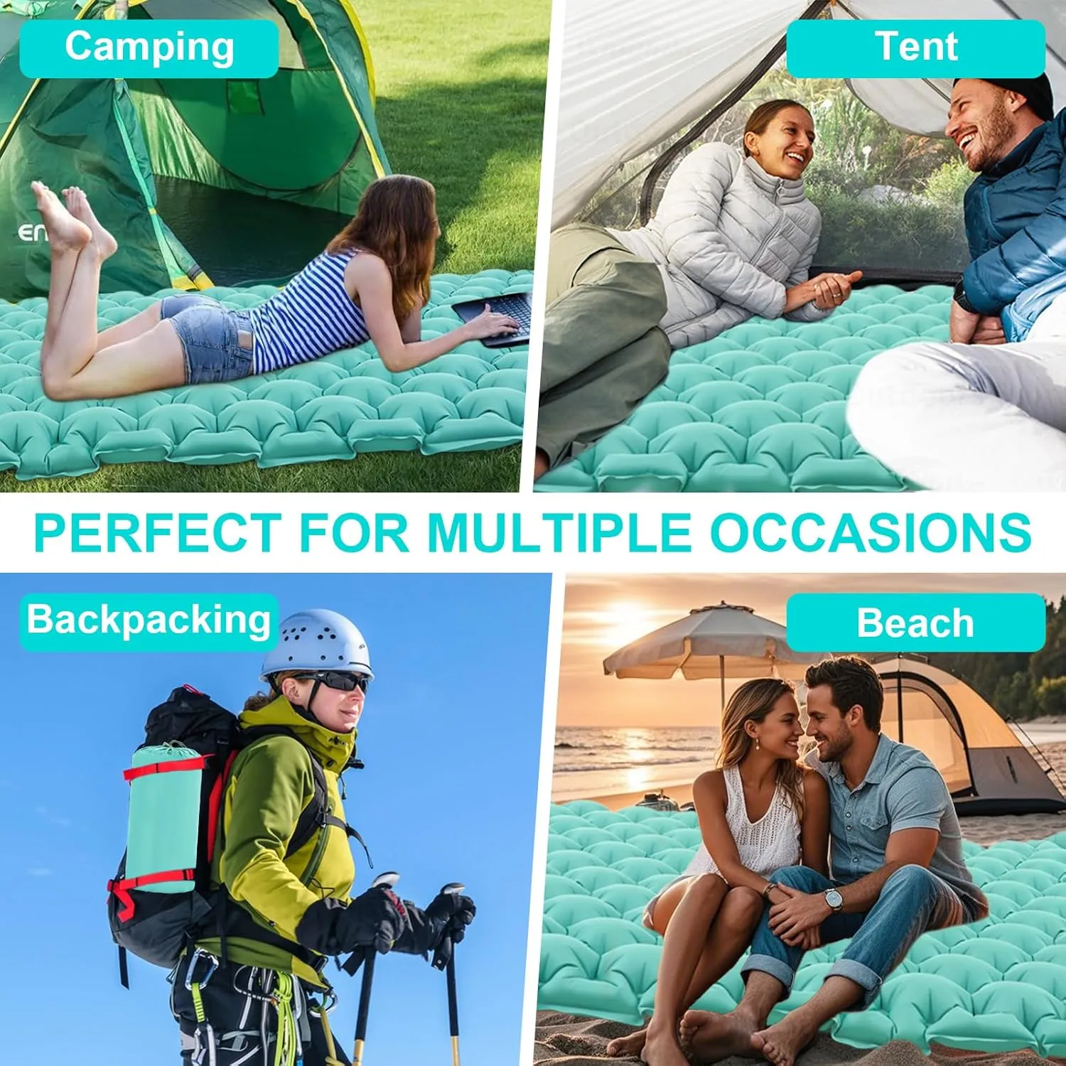 Self Inflating Sleeping Pad for Camping, Double Self-Inflating Camping Mat 2 Person, Inflatable Backpacking Camping Pads for Sleeping, Roll Up Sleeping Mat, Hiking Essentials (Peakcock Blue)