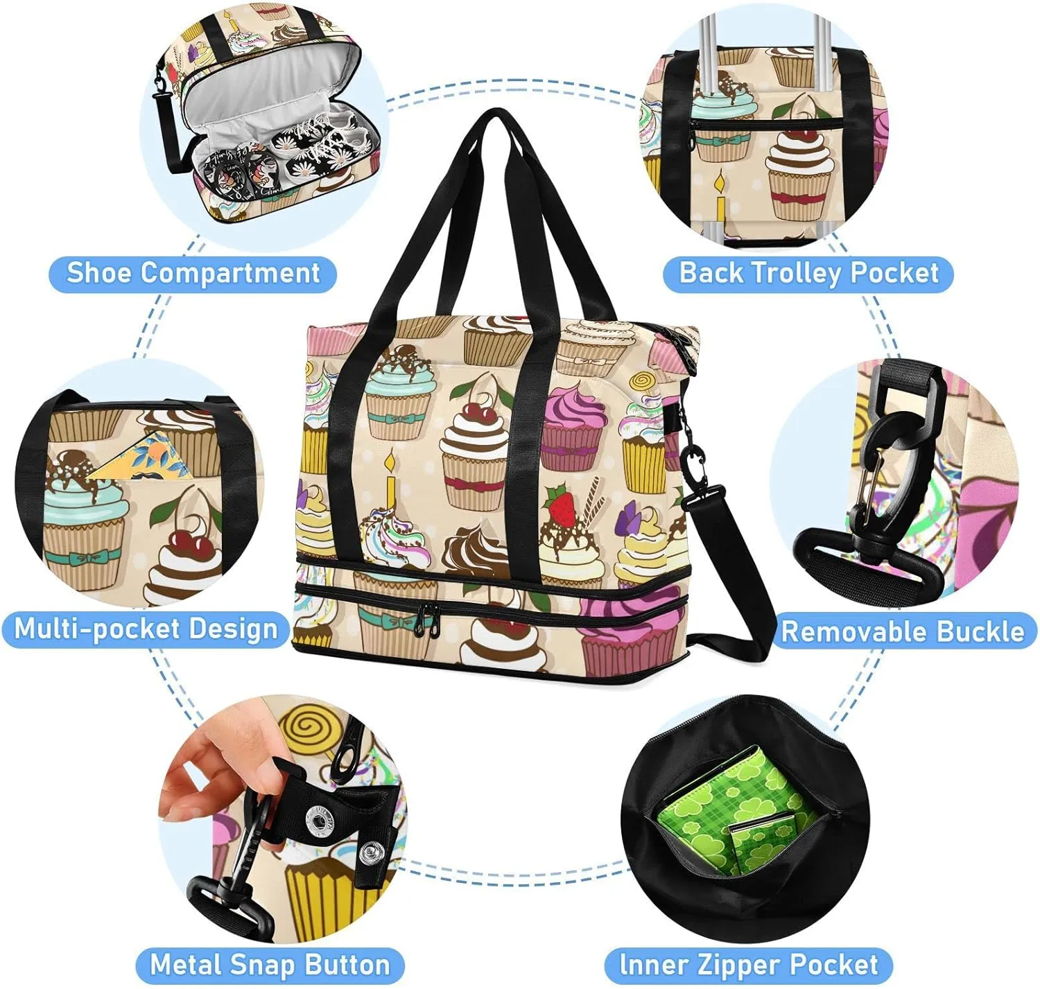 Set of Isolated Icons of Colorful Cupcakes Foldable Travel Bag, Camping Luggage bag, Portable Gym Bag, Sports Bag, Toiletry Bag with Handles Adjustable Shoulder Strap