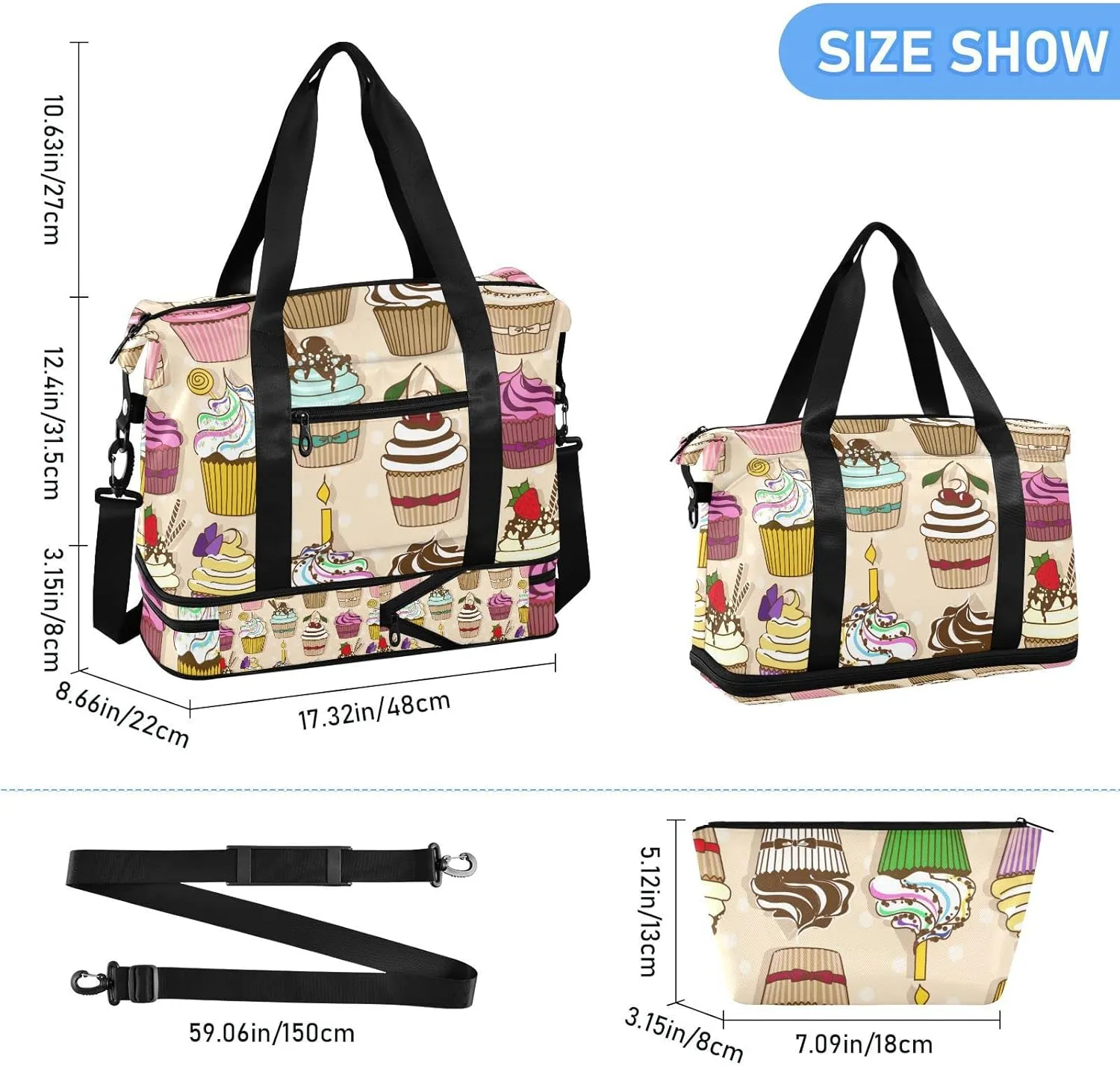 Set of Isolated Icons of Colorful Cupcakes Foldable Travel Bag, Camping Luggage bag, Portable Gym Bag, Sports Bag, Toiletry Bag with Handles Adjustable Shoulder Strap