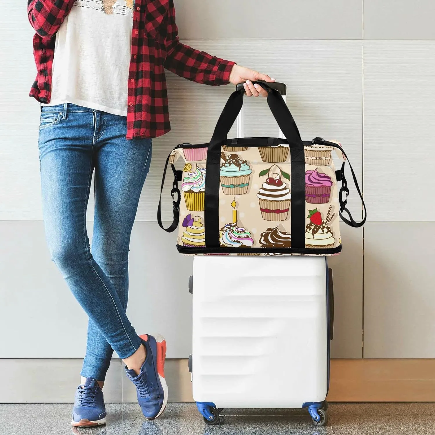 Set of Isolated Icons of Colorful Cupcakes Foldable Travel Bag, Camping Luggage bag, Portable Gym Bag, Sports Bag, Toiletry Bag with Handles Adjustable Shoulder Strap