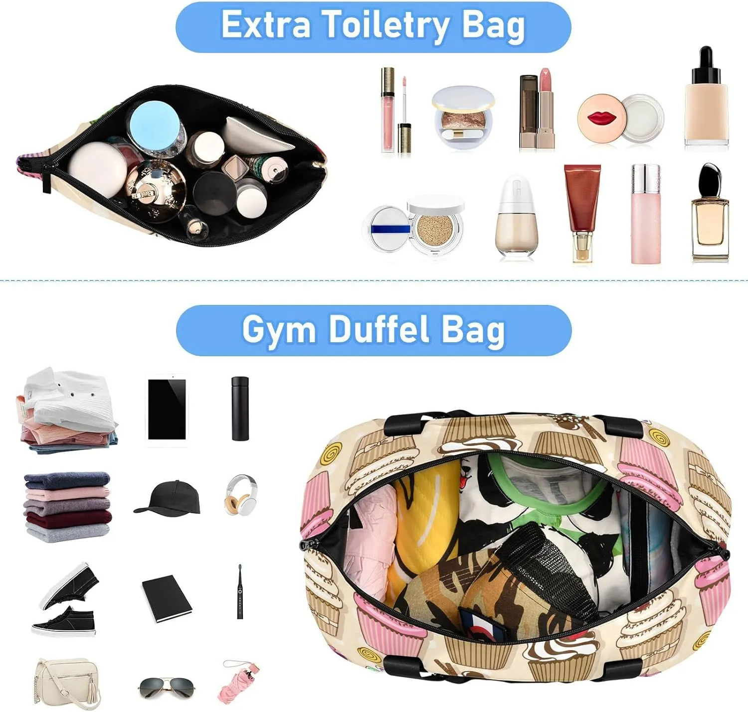 Set of Isolated Icons of Colorful Cupcakes Foldable Travel Bag, Camping Luggage bag, Portable Gym Bag, Sports Bag, Toiletry Bag with Handles Adjustable Shoulder Strap
