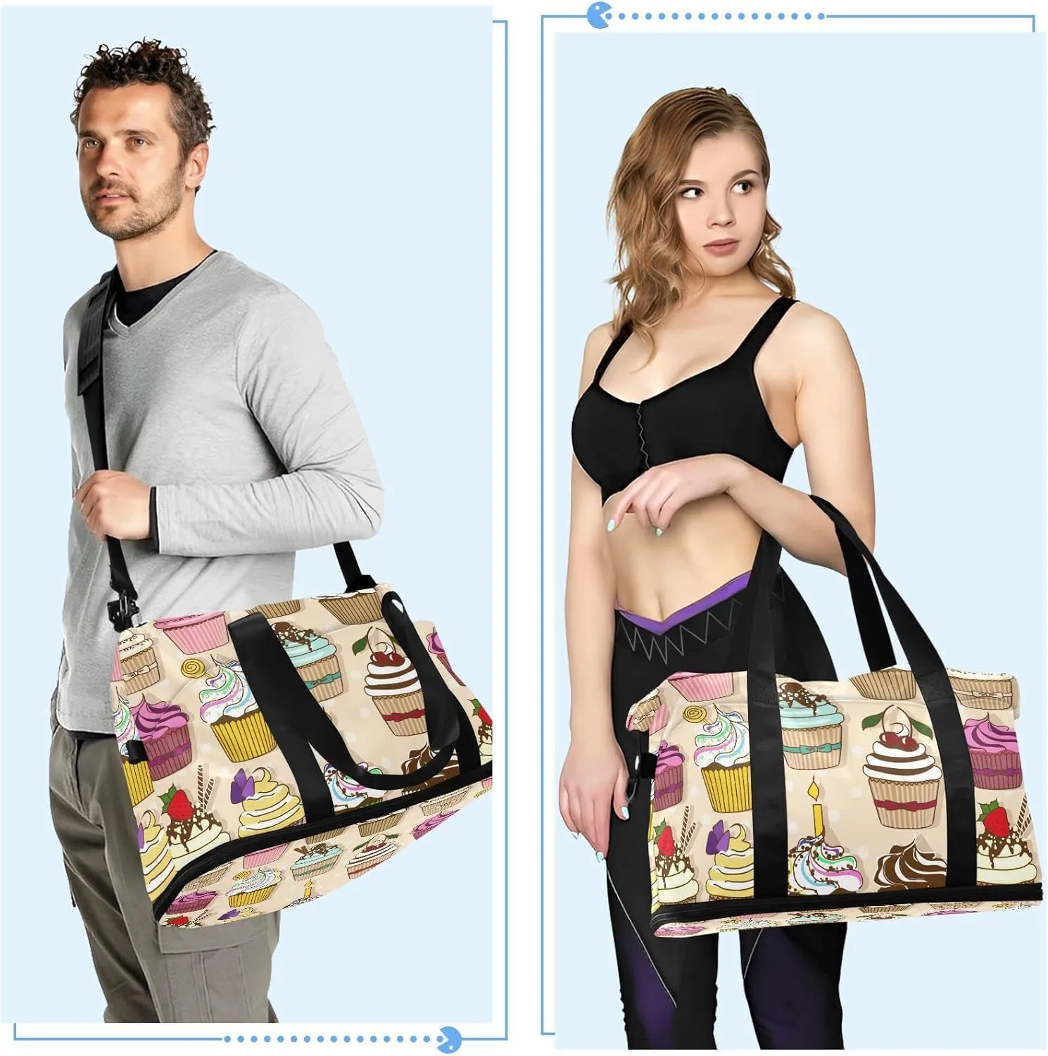 Set of Isolated Icons of Colorful Cupcakes Foldable Travel Bag, Camping Luggage bag, Portable Gym Bag, Sports Bag, Toiletry Bag with Handles Adjustable Shoulder Strap