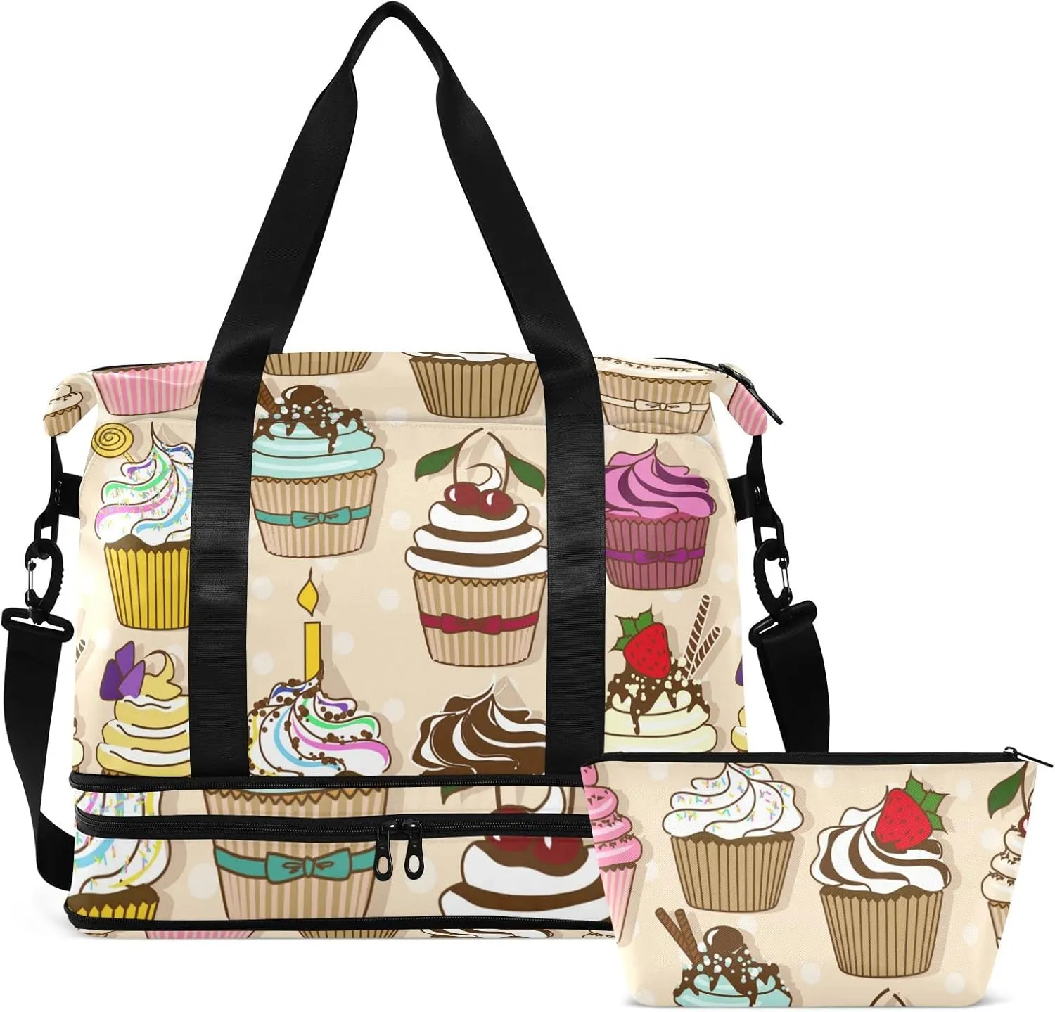 Set of Isolated Icons of Colorful Cupcakes Foldable Travel Bag, Camping Luggage bag, Portable Gym Bag, Sports Bag, Toiletry Bag with Handles Adjustable Shoulder Strap