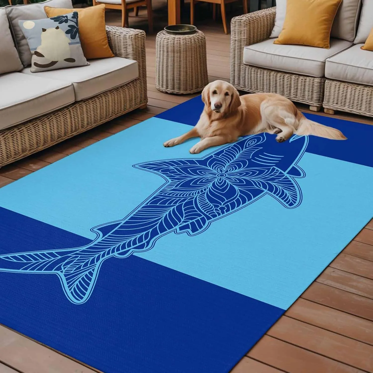 Shark Mandalas Outdoor Rug 4x6ft Large Patio Rug,Washable RV Camping Outside Area Runner Rug Mat,Boho Modern Orange Blue Stripe Tropical Carpet for Picnic Backyard Deck Porch Balcony Beach & Indoor