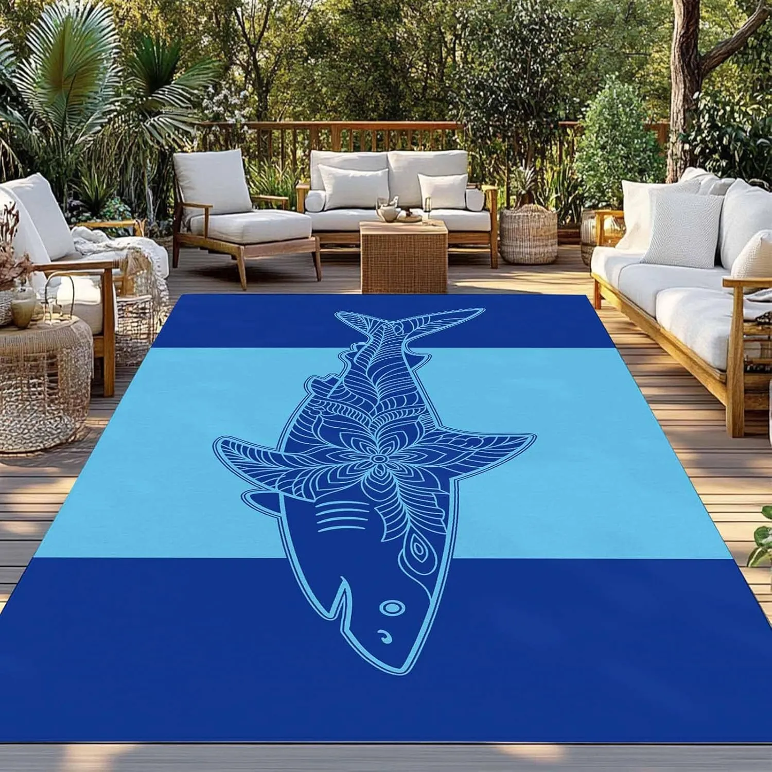 Shark Mandalas Outdoor Rug 4x6ft Large Patio Rug,Washable RV Camping Outside Area Runner Rug Mat,Boho Modern Orange Blue Stripe Tropical Carpet for Picnic Backyard Deck Porch Balcony Beach & Indoor