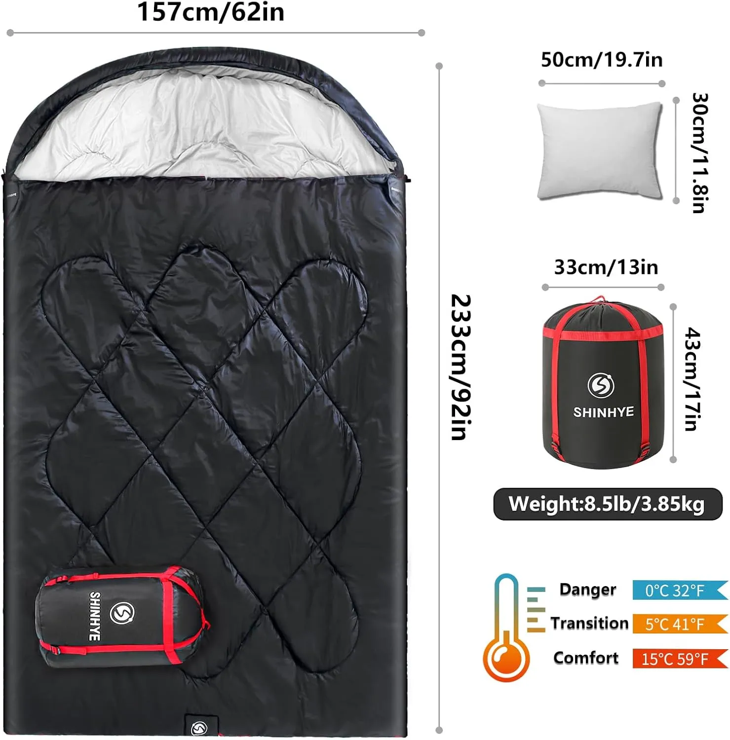 ShinHye Double Sleeping Bag for Adults with 2 Pillows, Camping Sleeping Bags Flannel Cotton 2 Person Sleeping Bags XXL Queen Size Sleeping Bag for Cold Weather